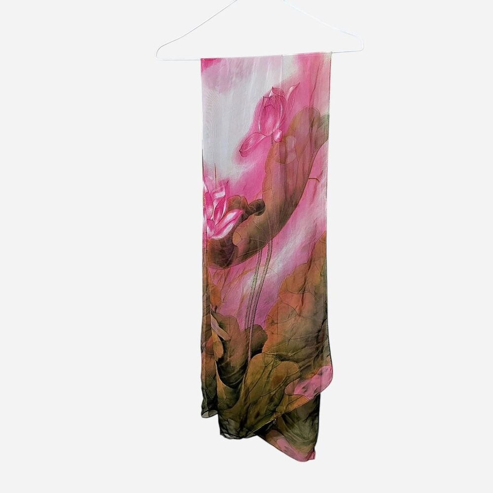 Y2K Style Pink And Green Floral Silk Sheer Scarf